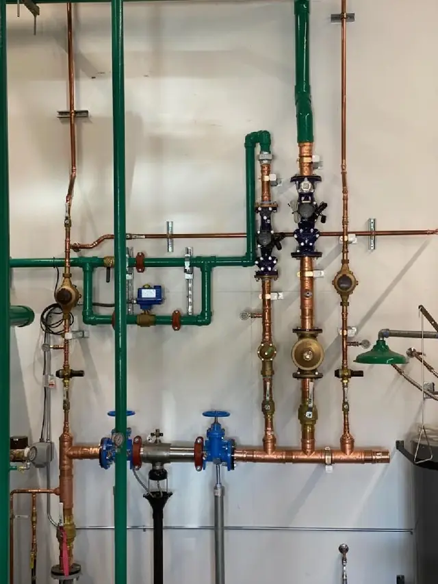 Piping risers, meters and valves on a mechanical room wall