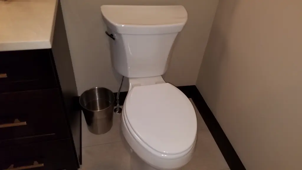 Elongated toilet beside a dark vanity on a tile floor
